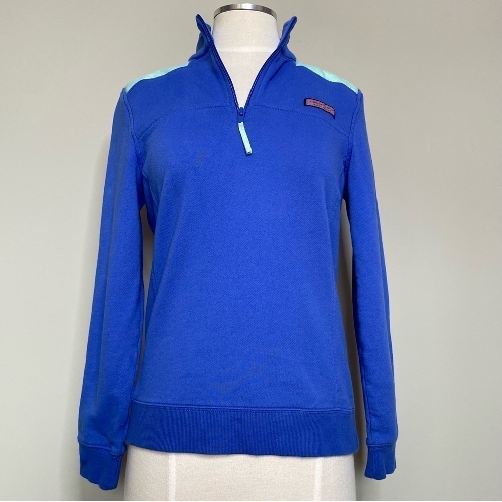 Vineyard Vines 1/4 Zip Canvas Shoulder Shep Shirt Pullover Blue and Seafoam, XS